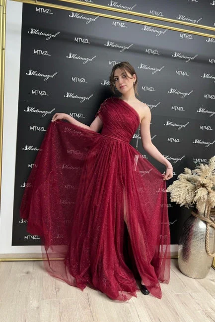 Ballbella Fabulous Burgundy One Shoulder Sleeveless Prom Dress With Slit Long Glitter - Image 2