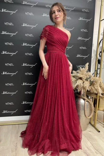 Ballbella Fabulous Burgundy One Shoulder Sleeveless Prom Dress With Slit Long Glitter - Image 3