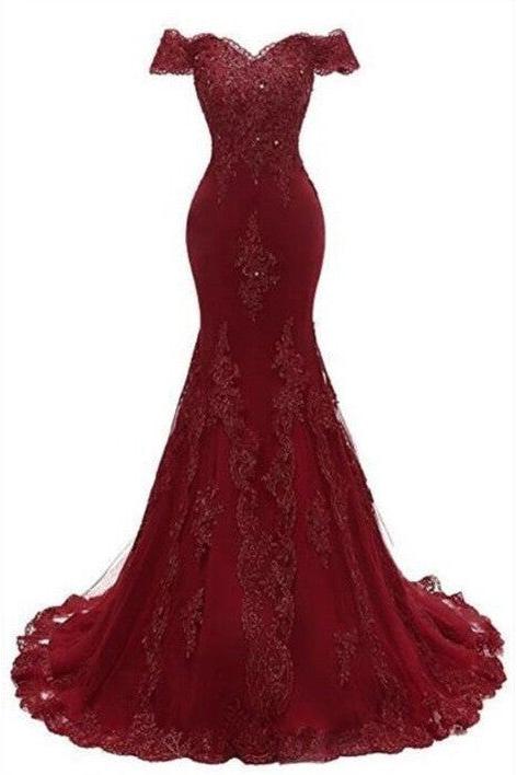 Gorgeous Burgundy Prom Party Gowns| Mermaid Lace Evening Gowns - Image 2