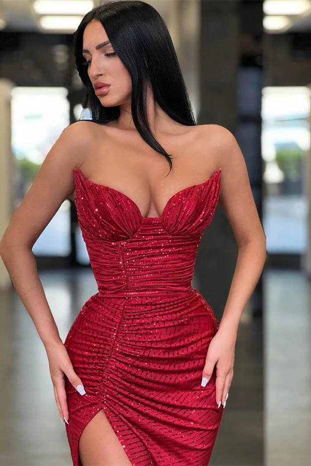Gorgeous Burgundy SPAGHETTI-STRAPS High split Long Mermaid Prom Dress - Image 3