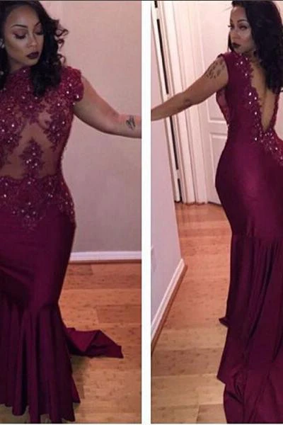 Gorgeous Cap Sleeve Burgundy Prom Party GownsMermaid With Lace Appliques - Image 2