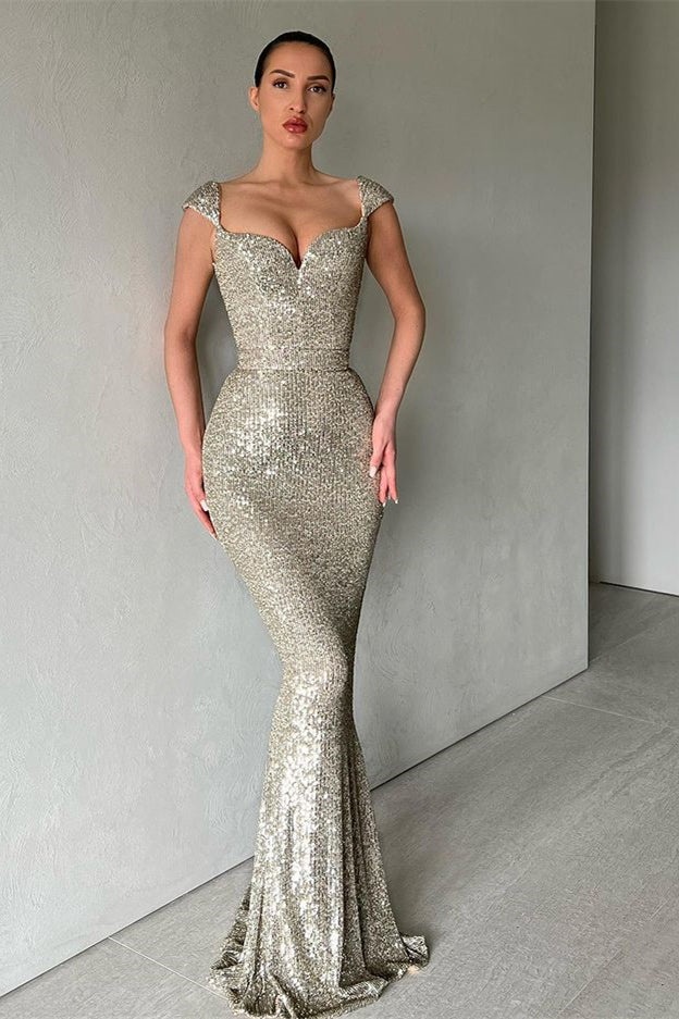 Gorgeous Cap Sleeves Sequins Mermaid Evening Dress Long Sweetheart - Image 5