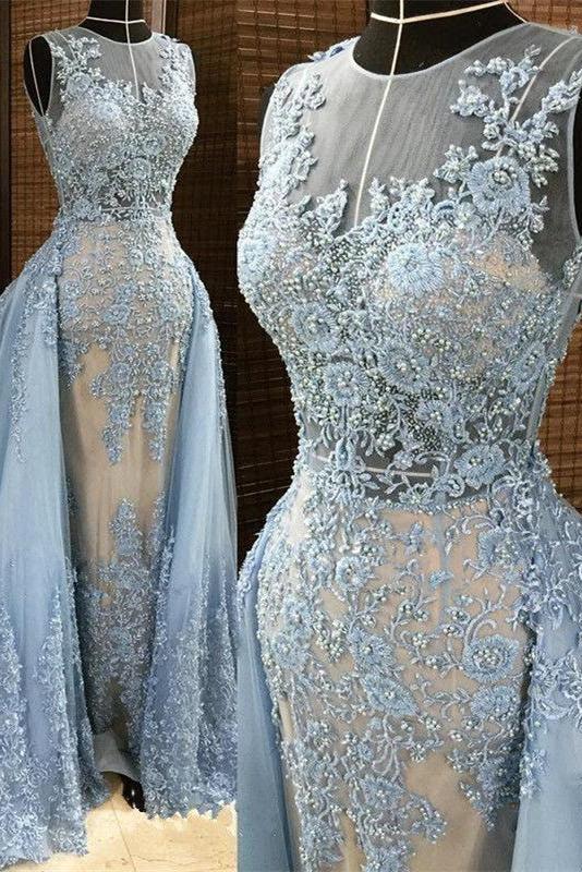 Gorgeous Column Sleleveless Long Evening Dresses Lace Appliques Beading Chic Prom Party Gowns with Overskirt - Image 2