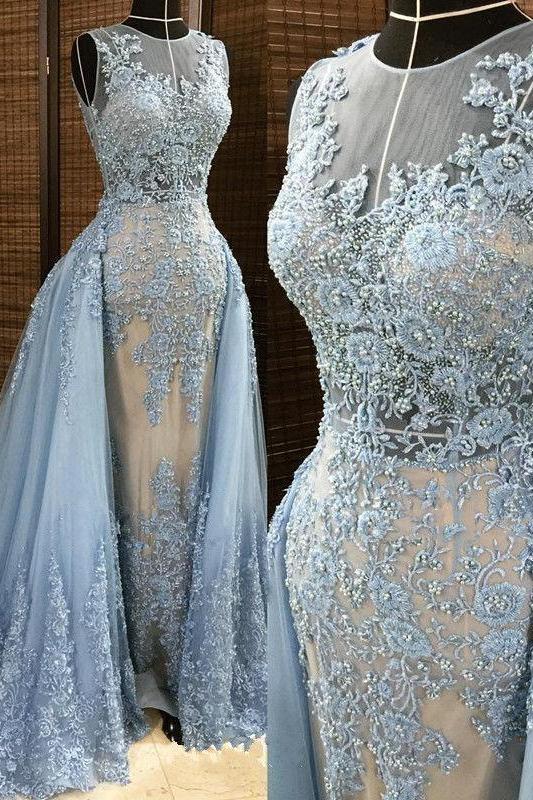 Gorgeous Column Sleleveless Long Evening Dresses Lace Appliques Beading Chic Prom Party Gowns with Overskirt - Image 3