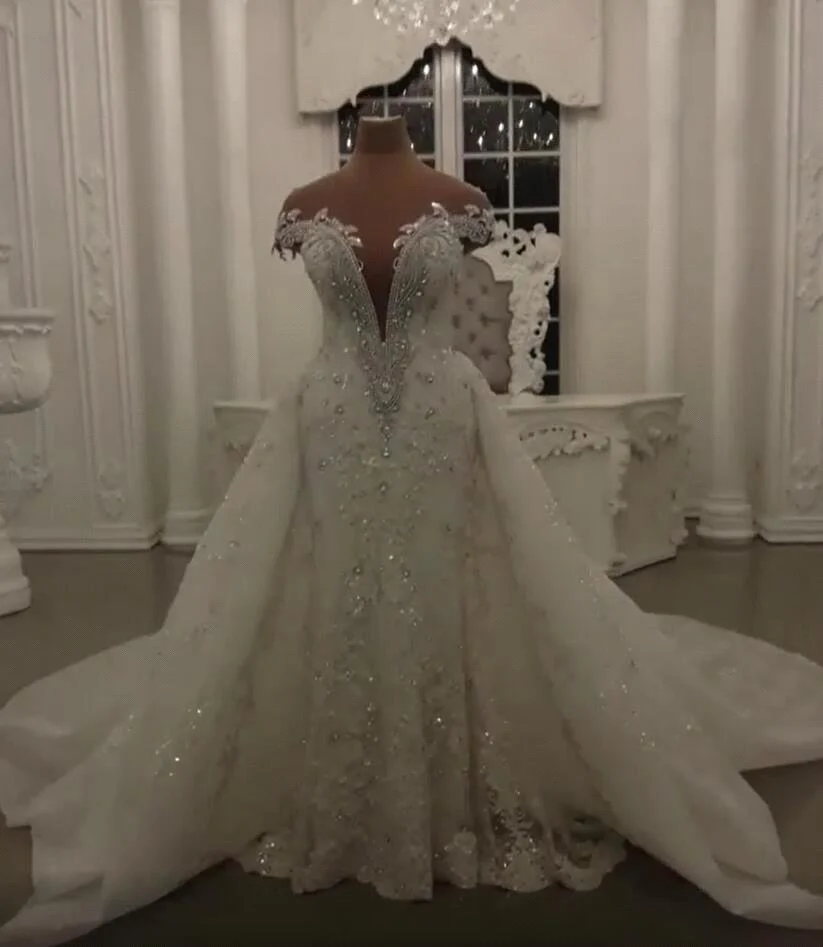 Gorgeous Crystal Lace Off-the-Shoulder V-neck Beading Wedding Dresses with Detachable Overskirt - Image 2