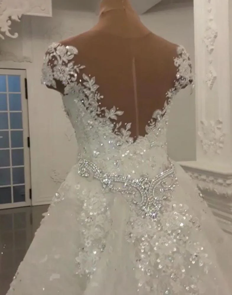Gorgeous Crystal Lace Off-the-Shoulder V-neck Beading Wedding Dresses with Detachable Overskirt - Image 3