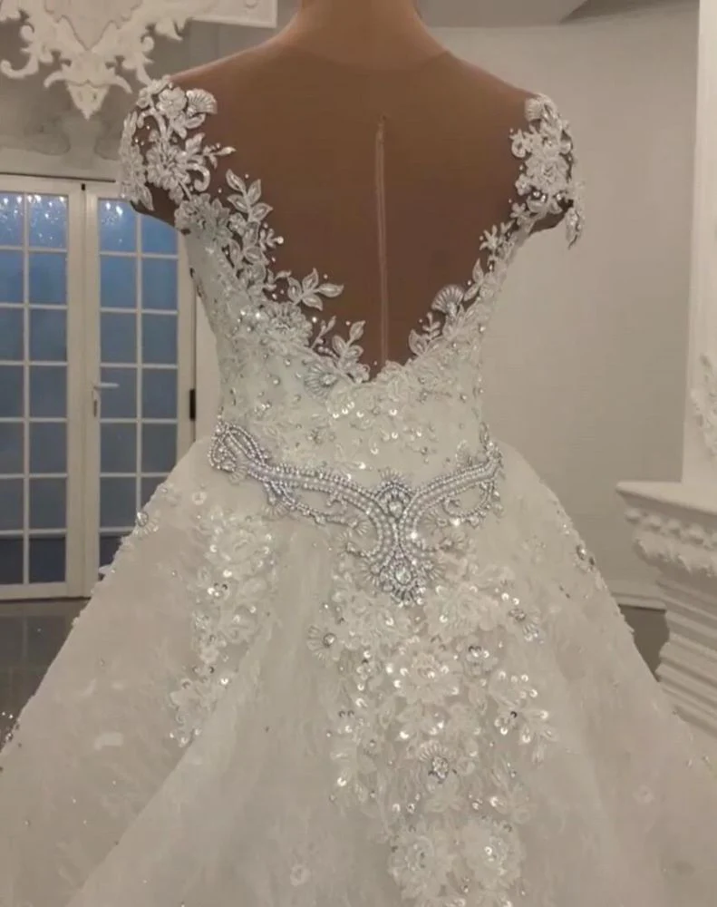 Gorgeous Crystal Lace Off-the-Shoulder V-neck Beading Wedding Dresses with Detachable Overskirt - Image 4