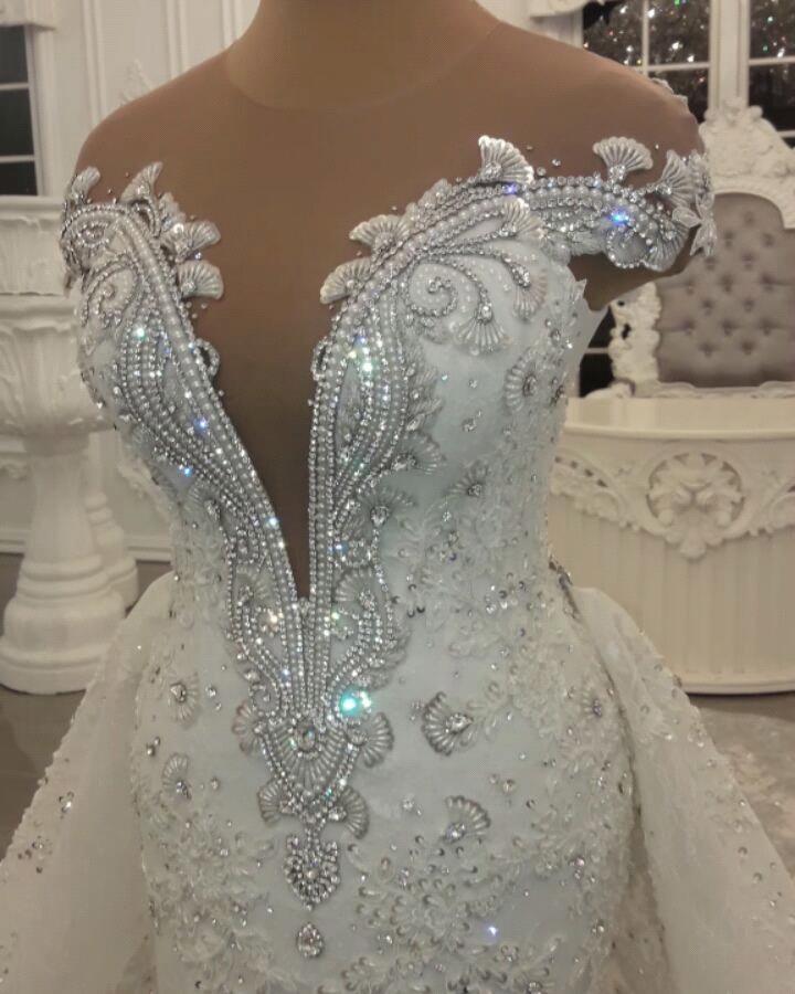 Gorgeous Crystal Lace Off-the-Shoulder V-neck Beading Wedding Dresses with Detachable Overskirt - Image 5