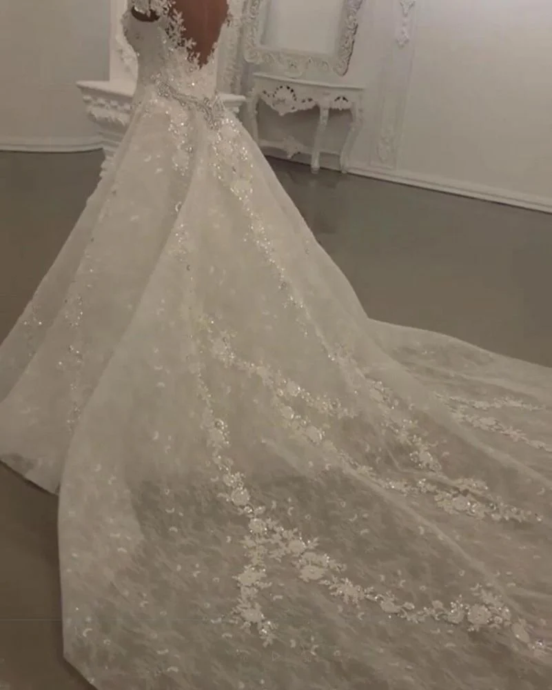 Gorgeous Crystal Lace Off-the-Shoulder V-neck Beading Wedding Dresses with Detachable Overskirt - Image 6