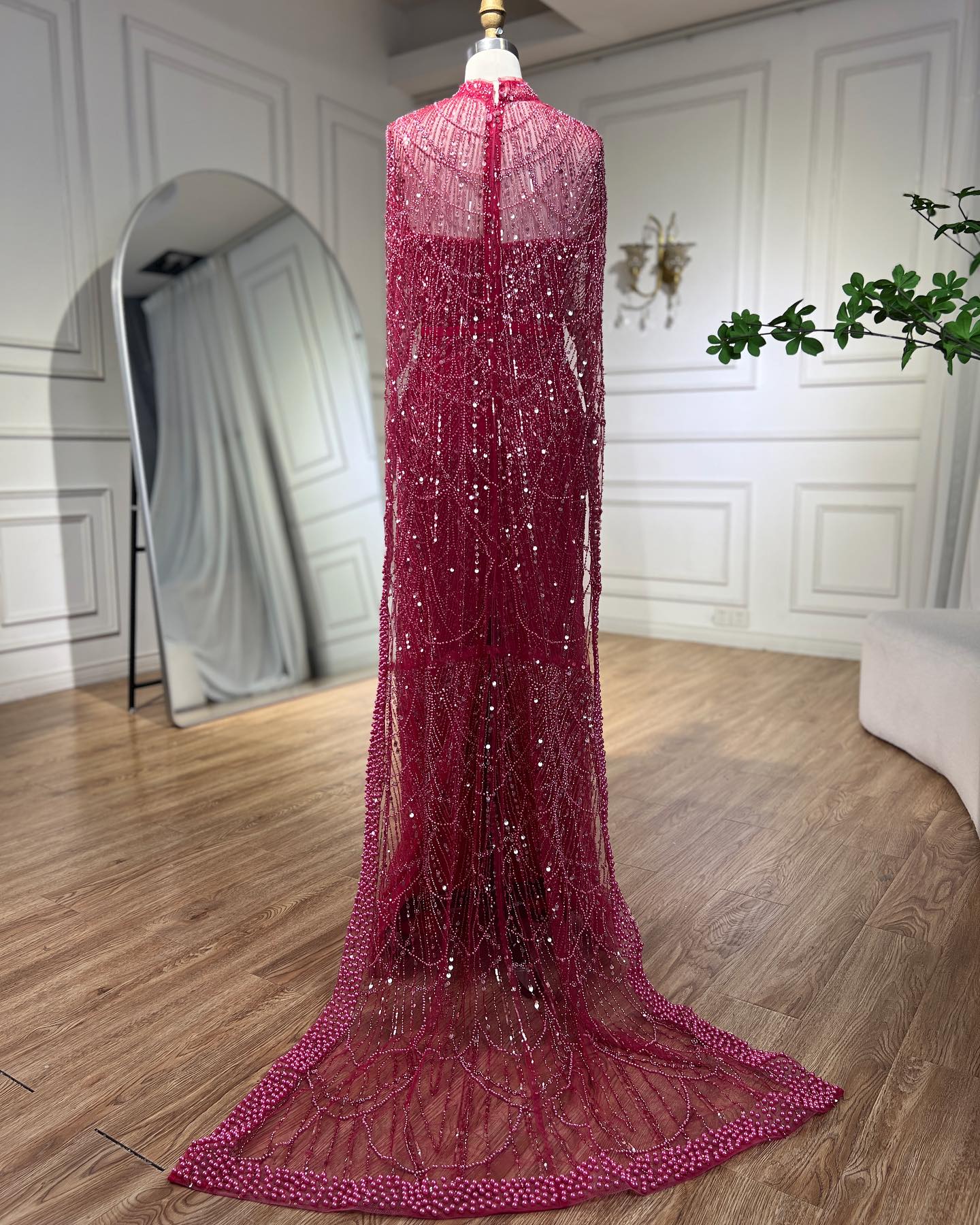 Gorgeous Fuchsia Mermaid Prom Dress Beadings Pearls With Cape - Image 2