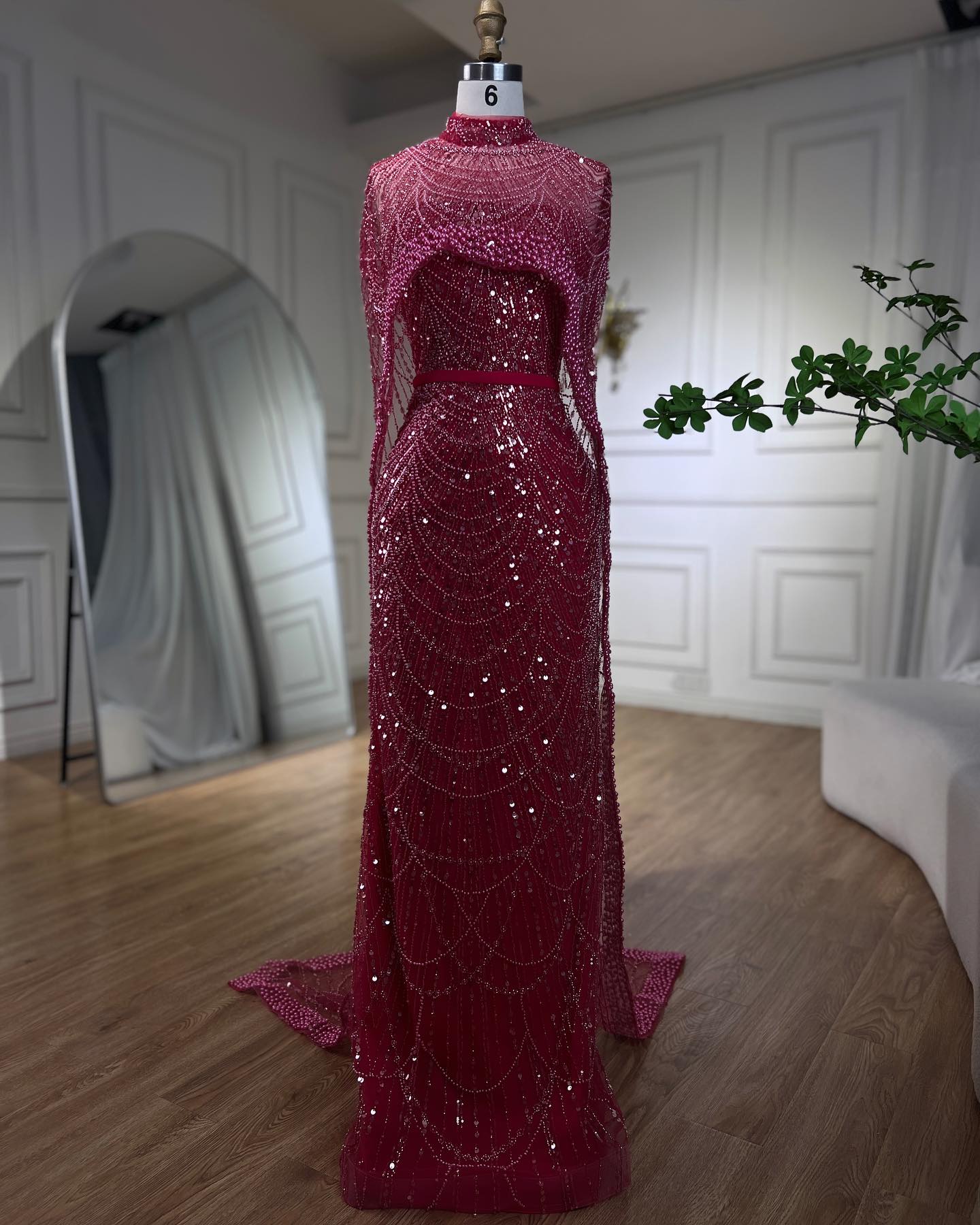 Gorgeous Fuchsia Mermaid Prom Dress Beadings Pearls With Cape - Image 3