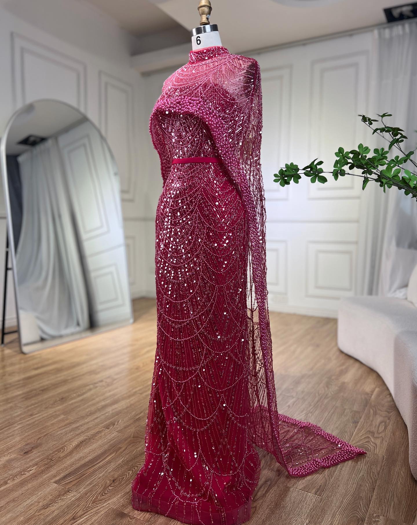 Gorgeous Fuchsia Mermaid Prom Dress Beadings Pearls With Cape - Image 4
