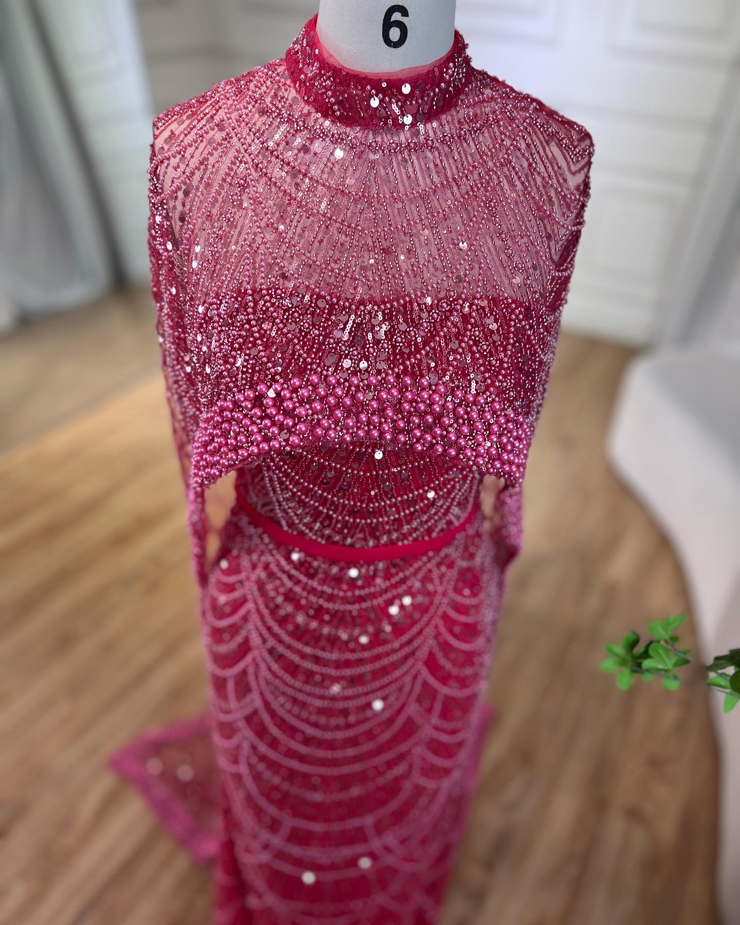 Gorgeous Fuchsia Mermaid Prom Dress Beadings Pearls With Cape - Image 5