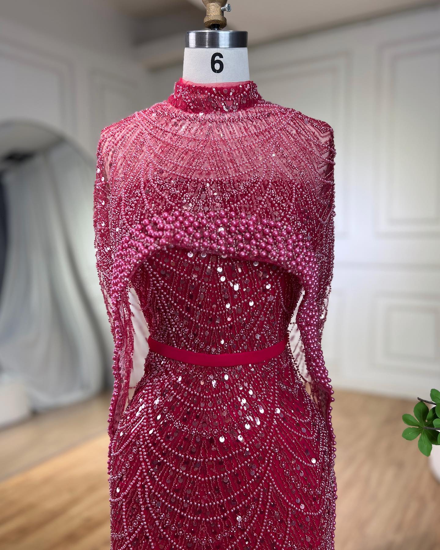 Gorgeous Fuchsia Mermaid Prom Dress Beadings Pearls With Cape - Image 6