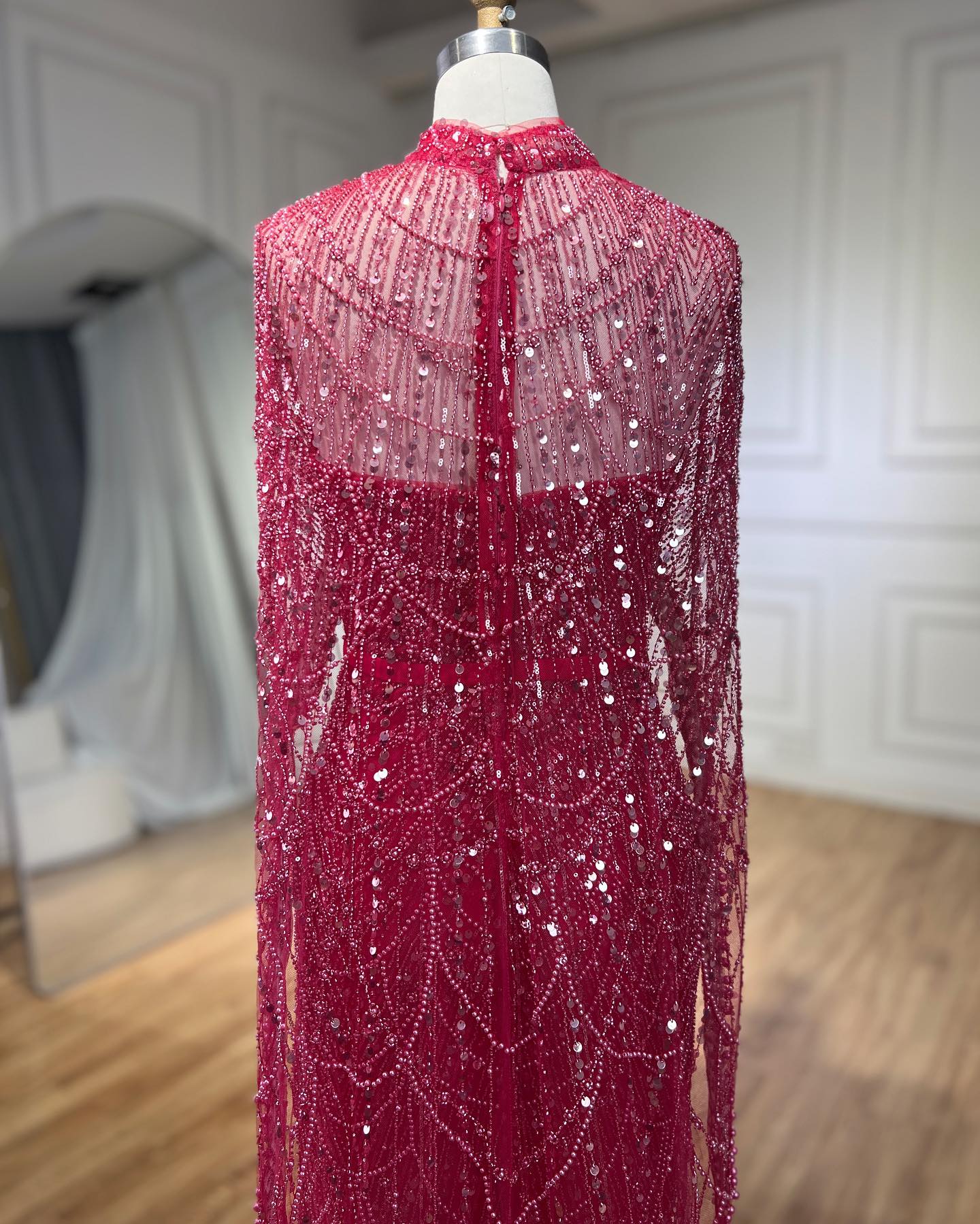 Gorgeous Fuchsia Mermaid Prom Dress Beadings Pearls With Cape - Image 8