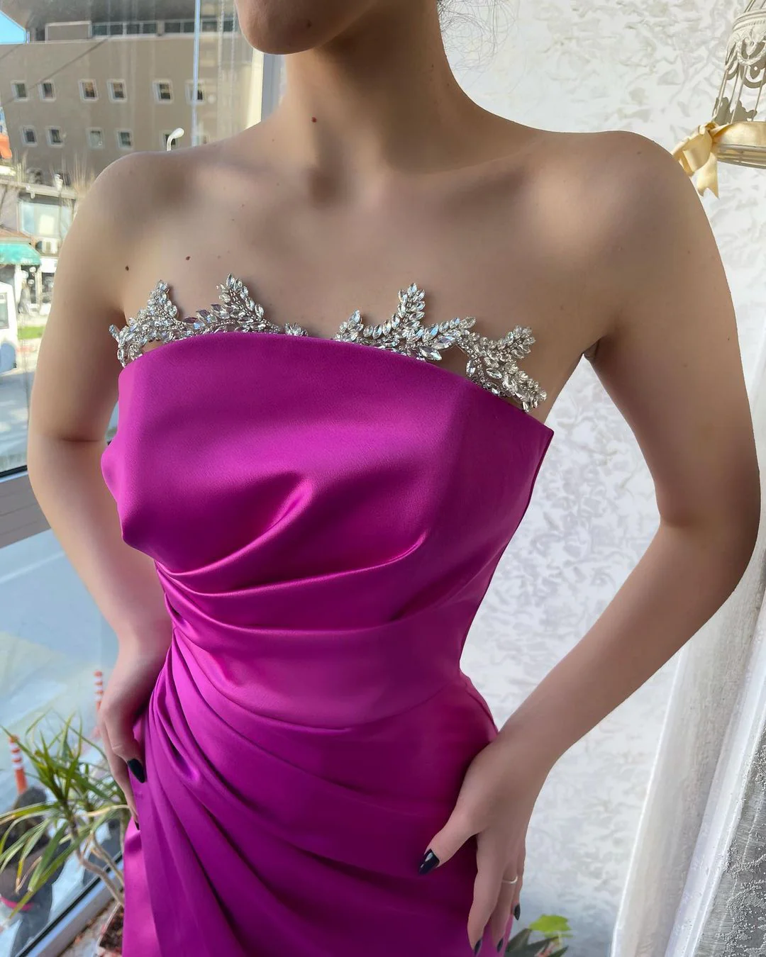 Classy Fuchsia Strapless Crystal Prom Dresses Long Slit Online - Image 2