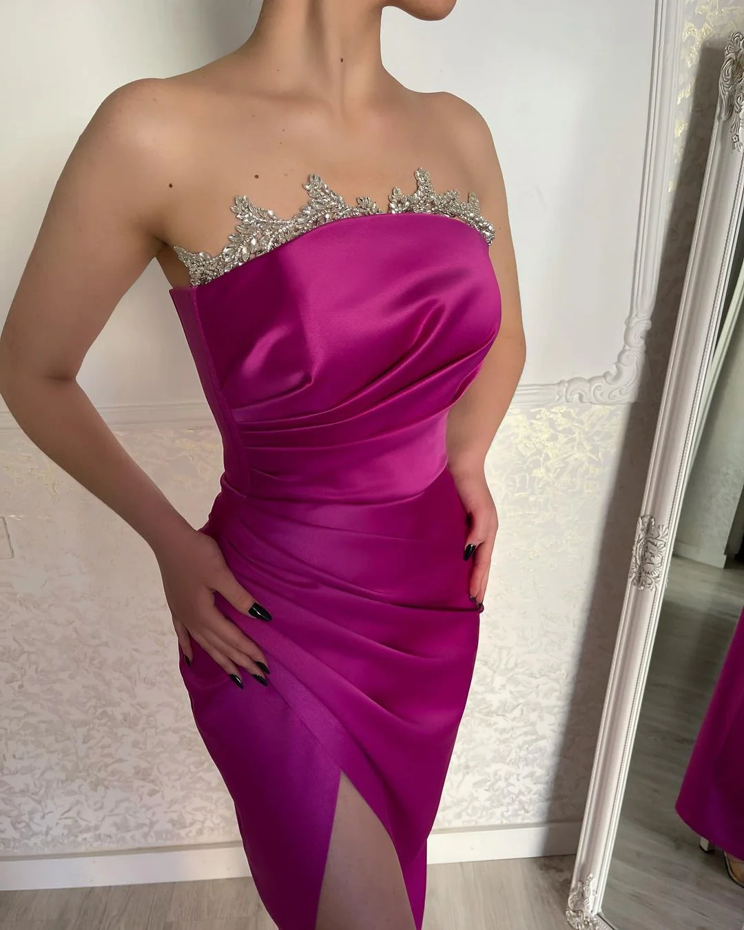 Classy Fuchsia Strapless Crystal Prom Dresses Long Slit Online - Image 3