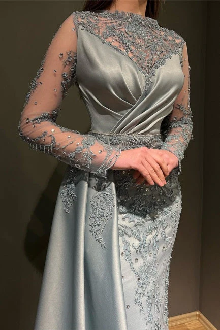 Gorgeous Grey Long Sleeves Jewel Mermaid Stretch Satin Evening Prom Dresses with Appliques - Image 2