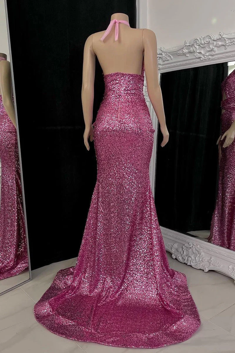 Gorgeous Halter Pink Prom Dress Sequins Sleeveless Long With Split - Image 2