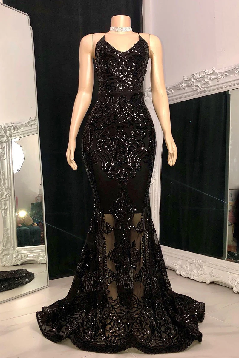 Gorgeous Halter V-Neck Sleeveless Mermaid Prom Dresses Sequins Long - Image 2