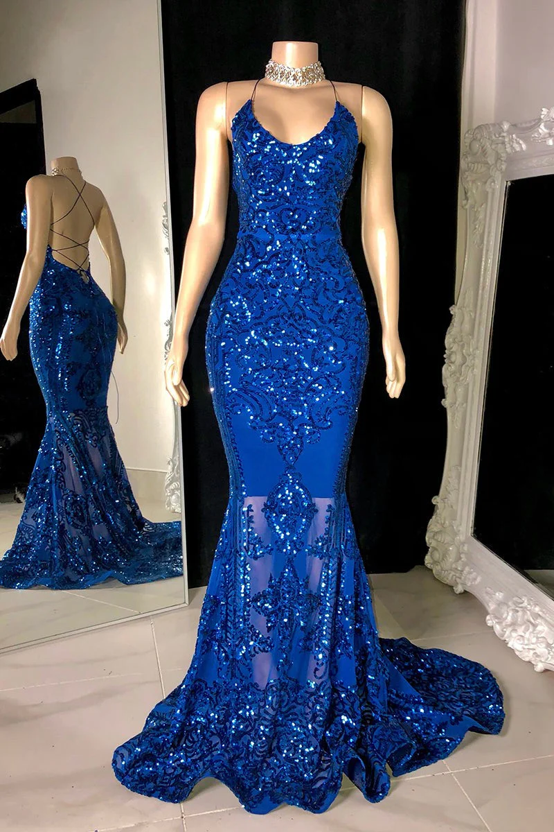 Gorgeous Halter V-Neck Sleeveless Mermaid Prom Dresses Sequins Long - Image 3