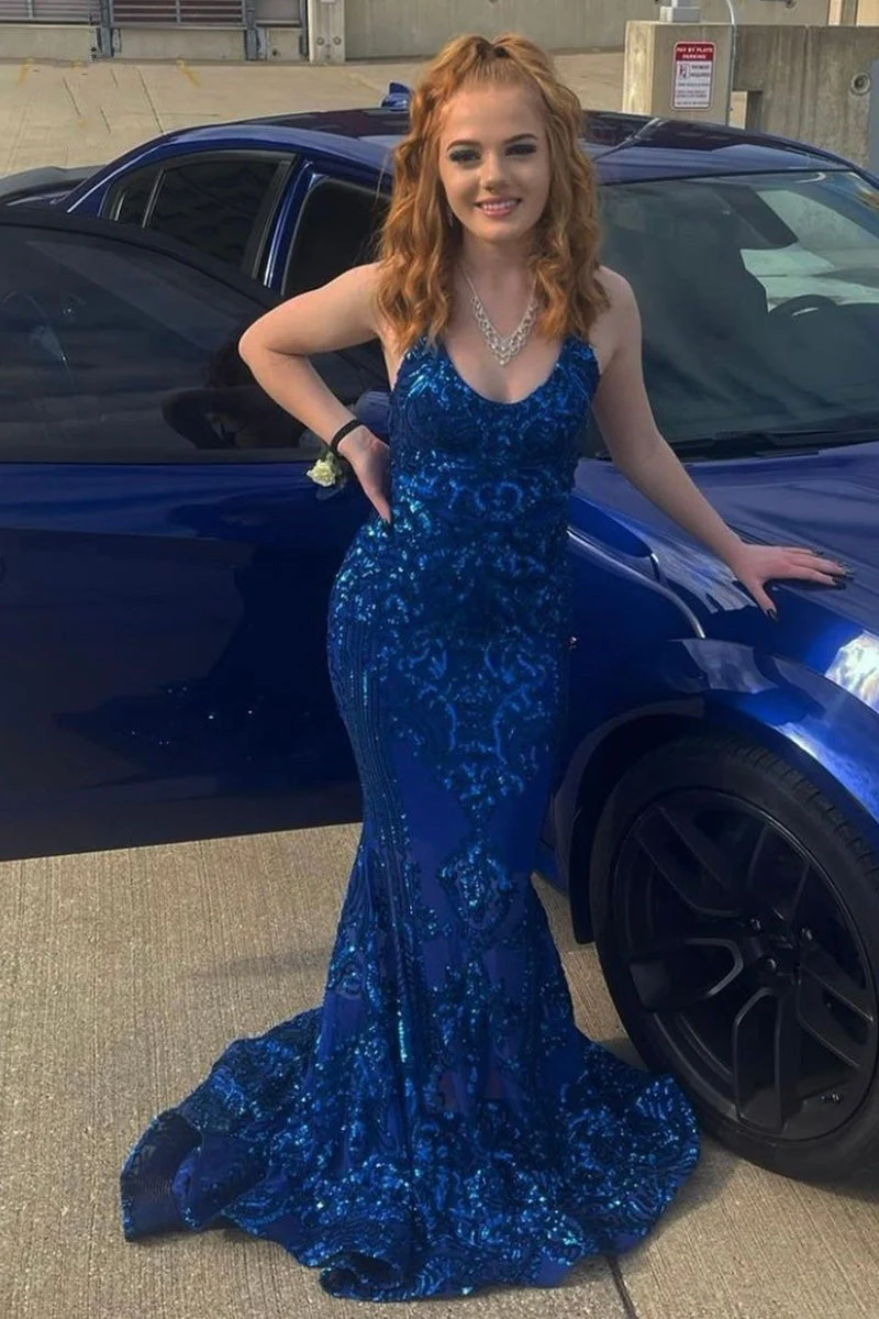 Gorgeous Halter V-Neck Sleeveless Mermaid Prom Dresses Sequins Long - Image 4