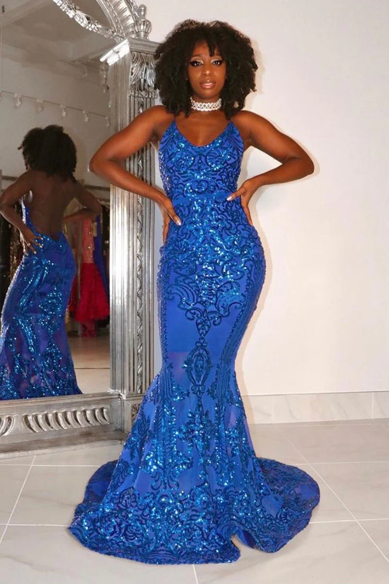Gorgeous Halter V-Neck Sleeveless Mermaid Prom Dresses Sequins Long - Image 5