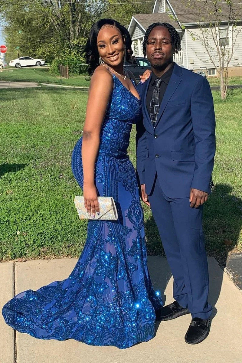 Gorgeous Halter V-Neck Sleeveless Mermaid Prom Dresses Sequins Long - Image 6