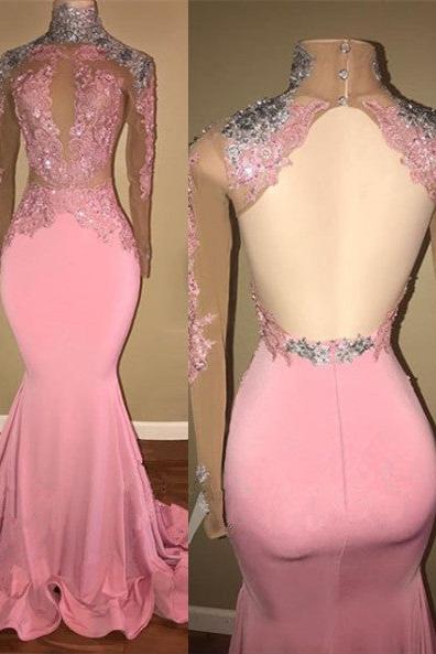 Gorgeous High-Neck Backless Pink Prom Party GownsMermaid With Lace Appliques - Image 2