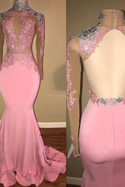 Gorgeous High-Neck Backless Pink Prom Party GownsMermaid With Lace Appliques - Image 3
