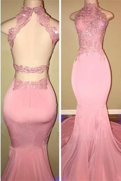 Gorgeous High Neck Pink Lace Prom Party GownsMermaid Long - Image 2