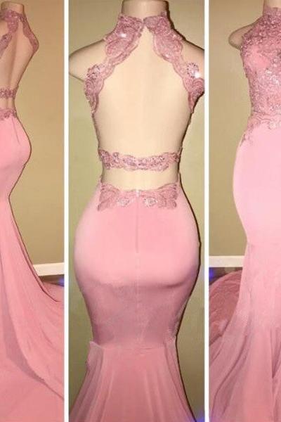 Gorgeous High Neck Pink Lace Prom Party GownsMermaid Long - Image 3