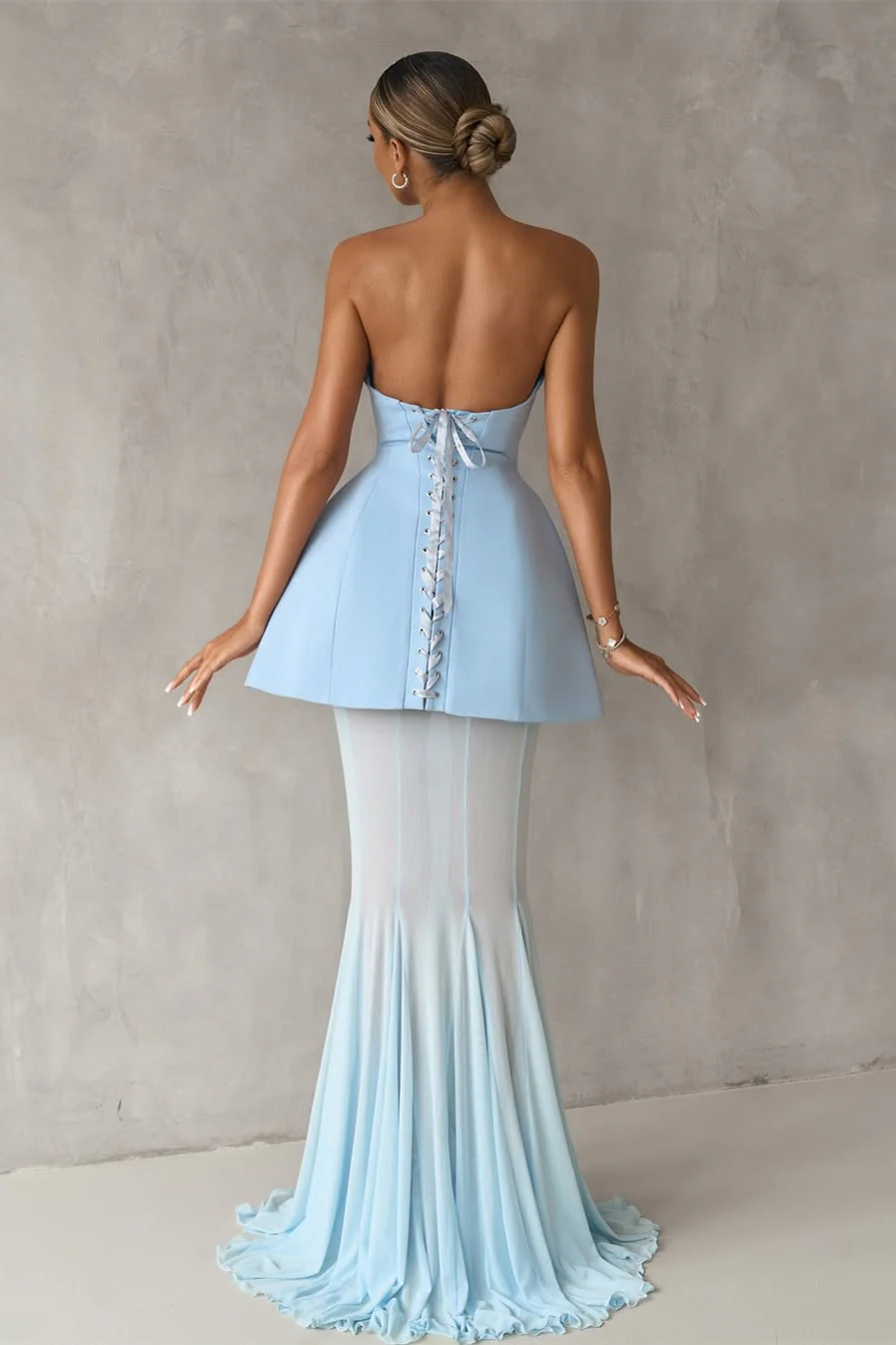 Gorgeous Ice Blue Strapless Satin Prom Dresses Sleeveless Long Lace-Up Back With Pleats - Image 2