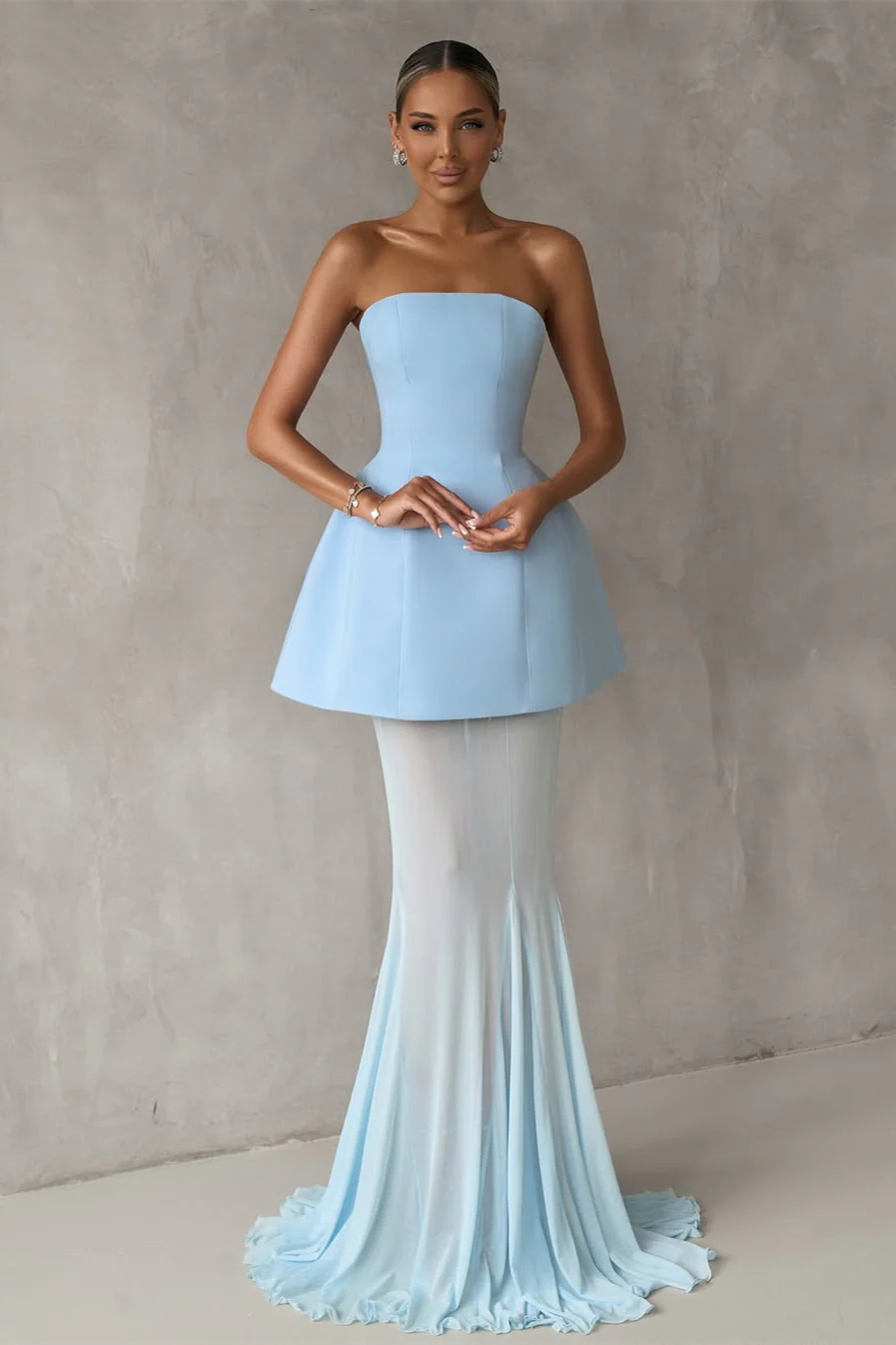 Gorgeous Ice Blue Strapless Satin Prom Dresses Sleeveless Long Lace-Up Back With Pleats - Image 3