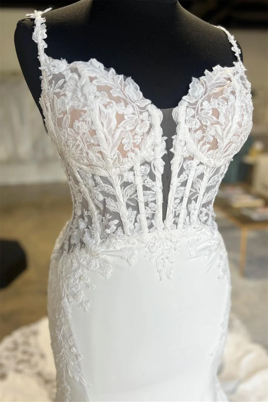 Gorgeous Spaghetti-Straps Sleeveless Mermaid Wedding Dress Appliques Lace Open Back With Buttons - Image 2