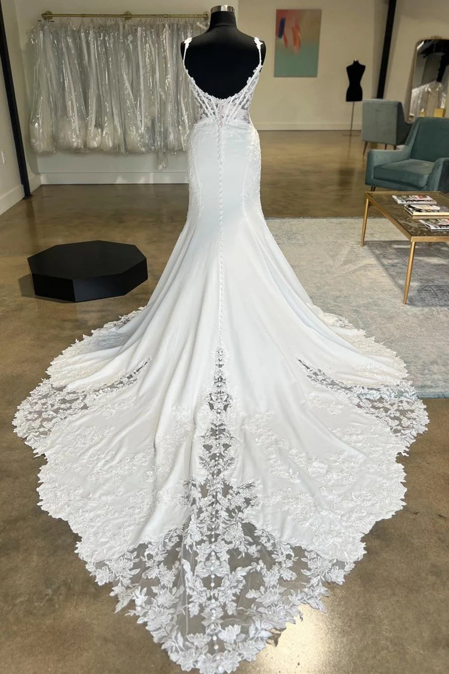 Gorgeous Spaghetti-Straps Sleeveless Mermaid Wedding Dress Appliques Lace Open Back With Buttons - Image 4