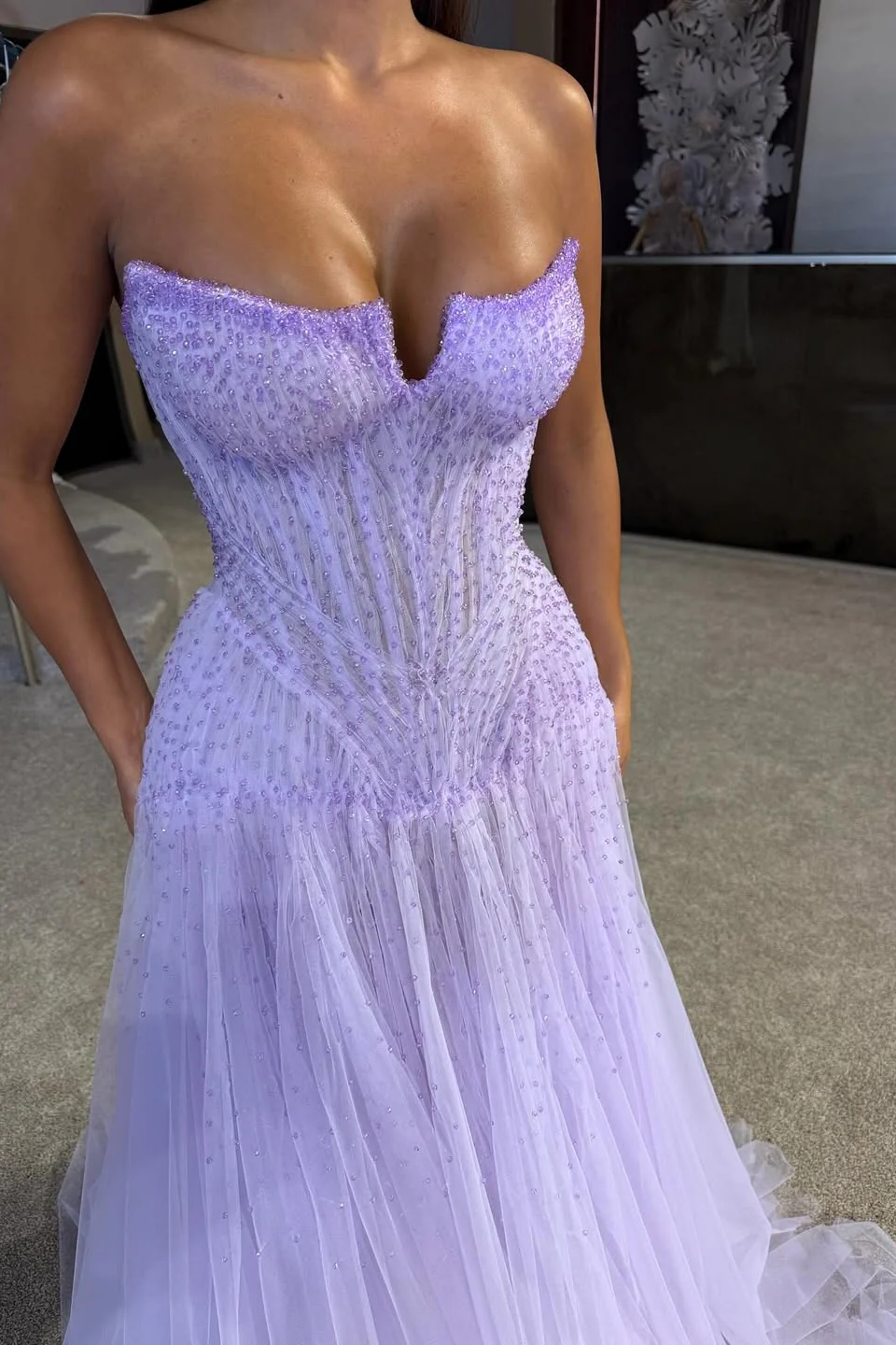 Gorgeous Lilac Strapless Sleeveless Tulle Prom Dress A-Line Beads With Pleats - Image 2