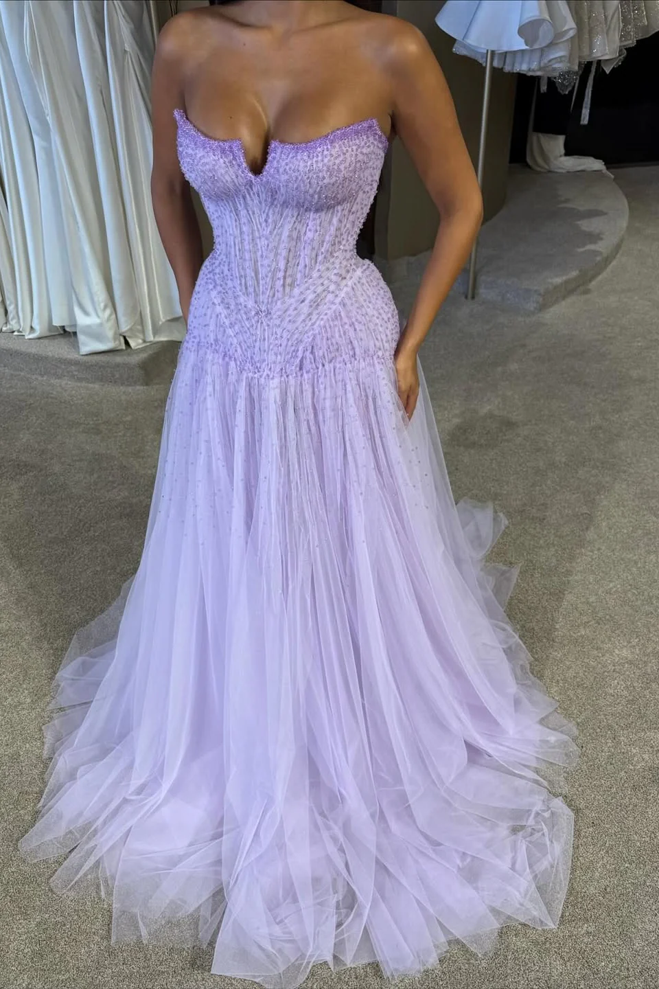 Gorgeous Lilac Strapless Sleeveless Tulle Prom Dress A-Line Beads With Pleats - Image 3