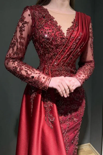 Chic Long Sleeves Burgundy Prom Dress Mermaid Long With Beads Lace Appliques - Image 2