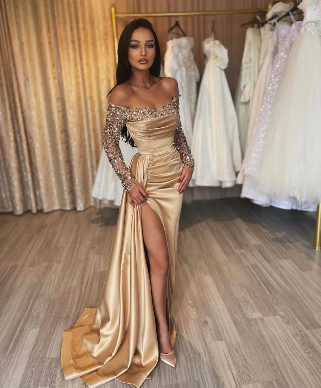 Classy Long Off-the-Shoulder Sequins Split Prom Dresses With Long Sleeves - Image 2