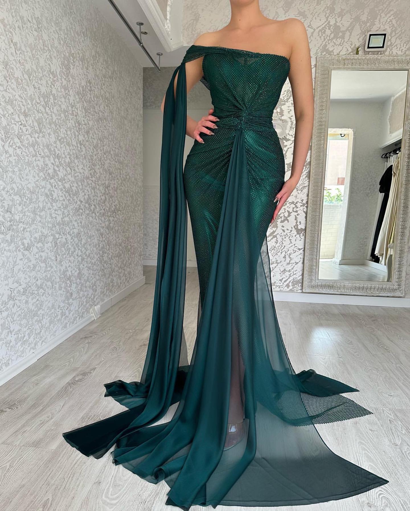 Classy Long Dark Green Mermaid Sleeveless Prom Dresses Long Slit Online - Image 5