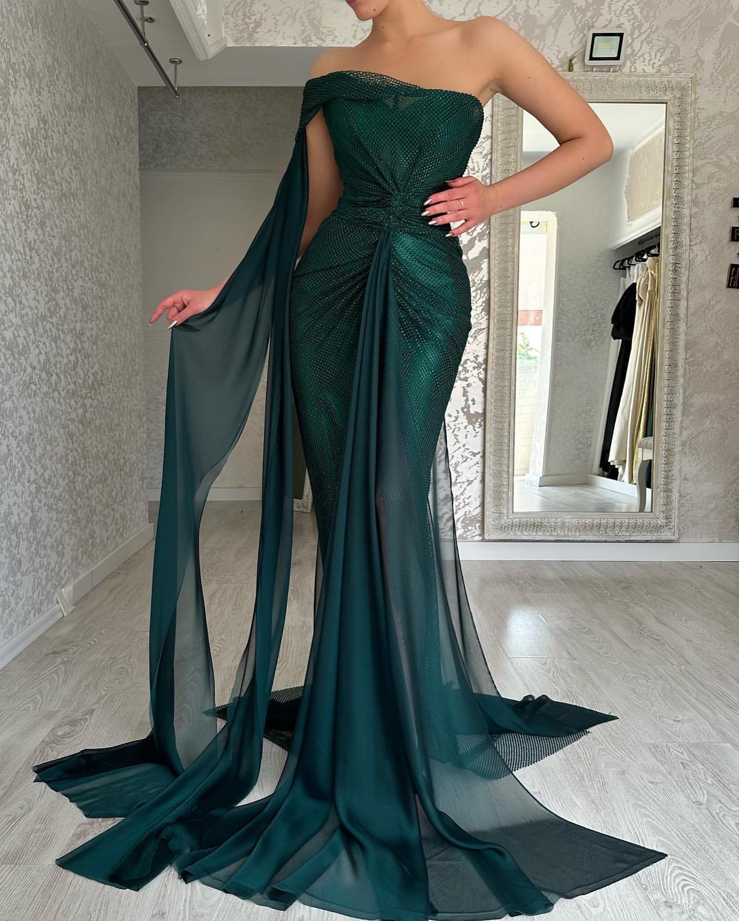 Classy Long Dark Green Mermaid Sleeveless Prom Dresses Long Slit Online - Image 6