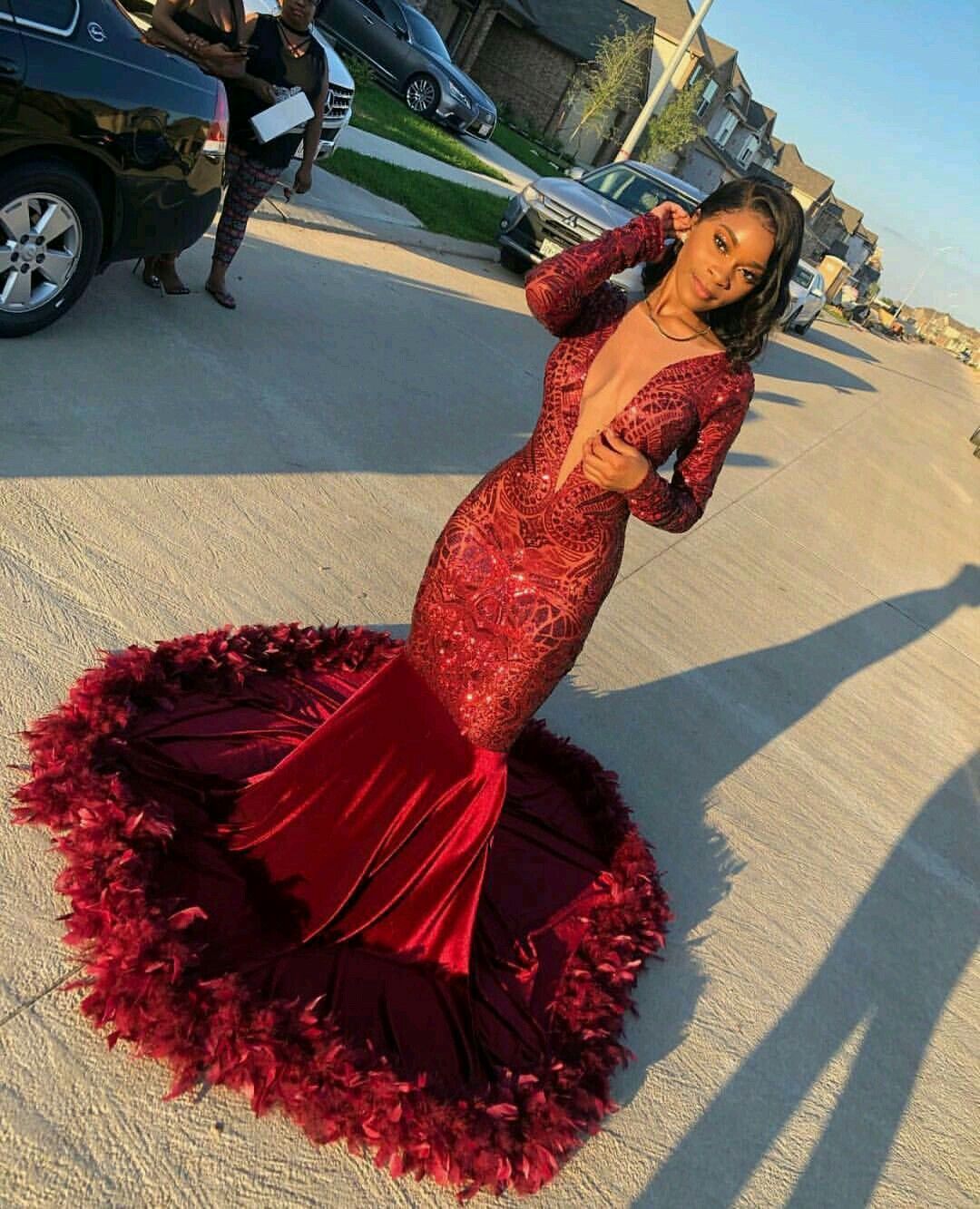 Gorgeous Long Sleeves Burgundy Lace Sequins Prom Dress Mermaid With Feather - Image 2