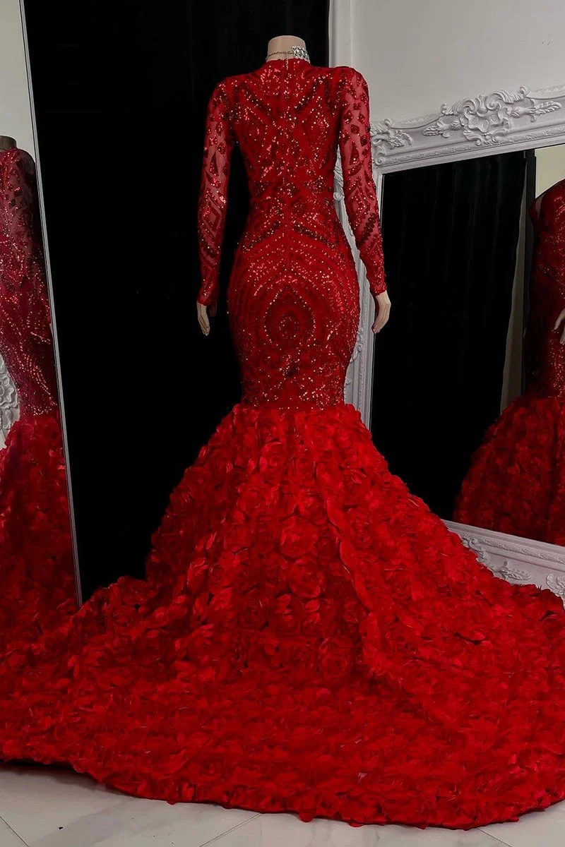 Gorgeous Long Sleeves Sequins Prom Dresses Mermaid V-Neck With Flowers Bottom - Image 2