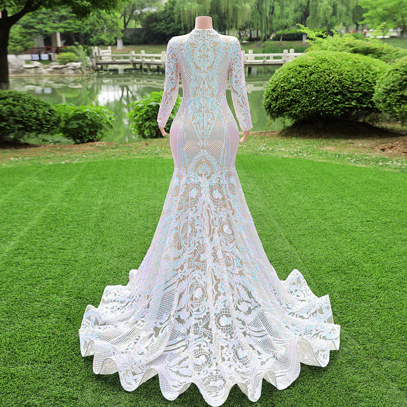 Gorgeous Long Sleeves V-Neck Prom Dress Mermaid Long With Sequins - Image 2