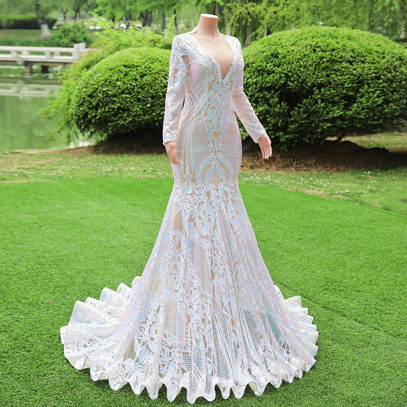 Gorgeous Long Sleeves V-Neck Prom Dress Mermaid Long With Sequins - Image 3