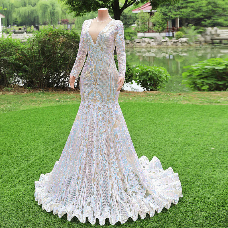 Gorgeous Long Sleeves V-Neck Prom Dress Mermaid Long With Sequins - Image 4