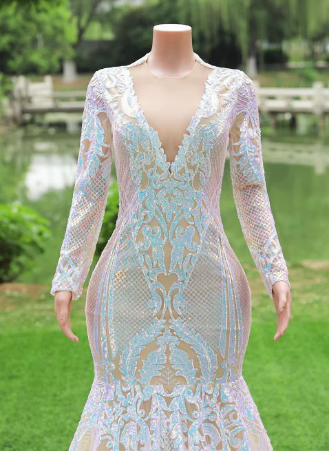 Gorgeous Long Sleeves V-Neck Prom Dress Mermaid Long With Sequins - Image 5