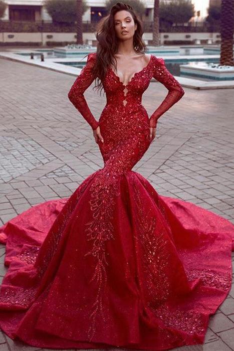 Gorgeous Long Sleevess Mermaid Evening Dresses with Train Hot Backless Lace Crystal Prom Dresses - Image 2