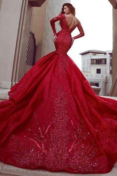 Gorgeous Long Sleevess Mermaid Evening Dresses with Train Hot Backless Lace Crystal Prom Dresses - Image 3